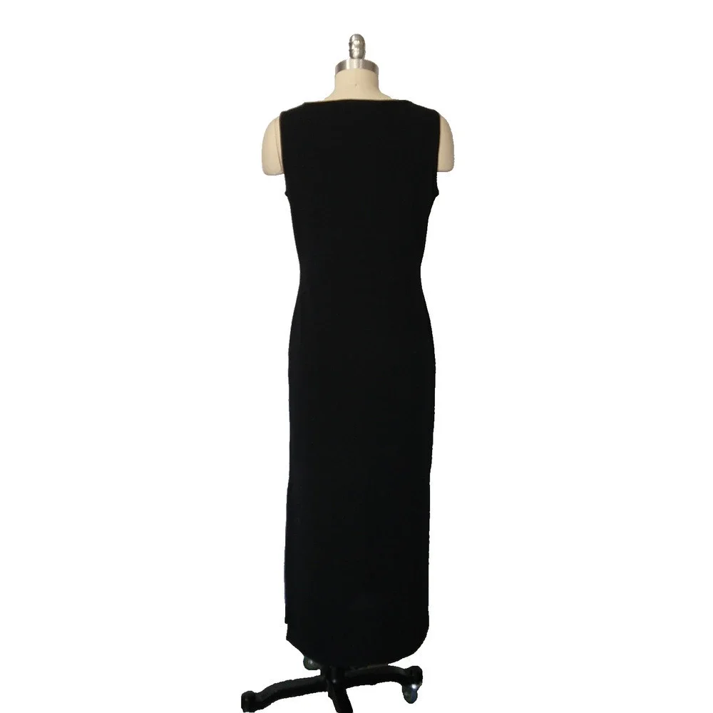 Vintage 90s Black Embroidered Maxi Dress Size M Petite Floral Knit Wool Blend - Picture 6 of 7